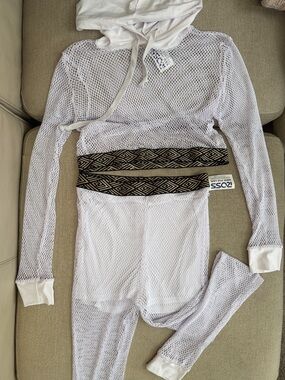 Women's White Mesh Hooded Swim Coverup Set with Patterned Waistband
